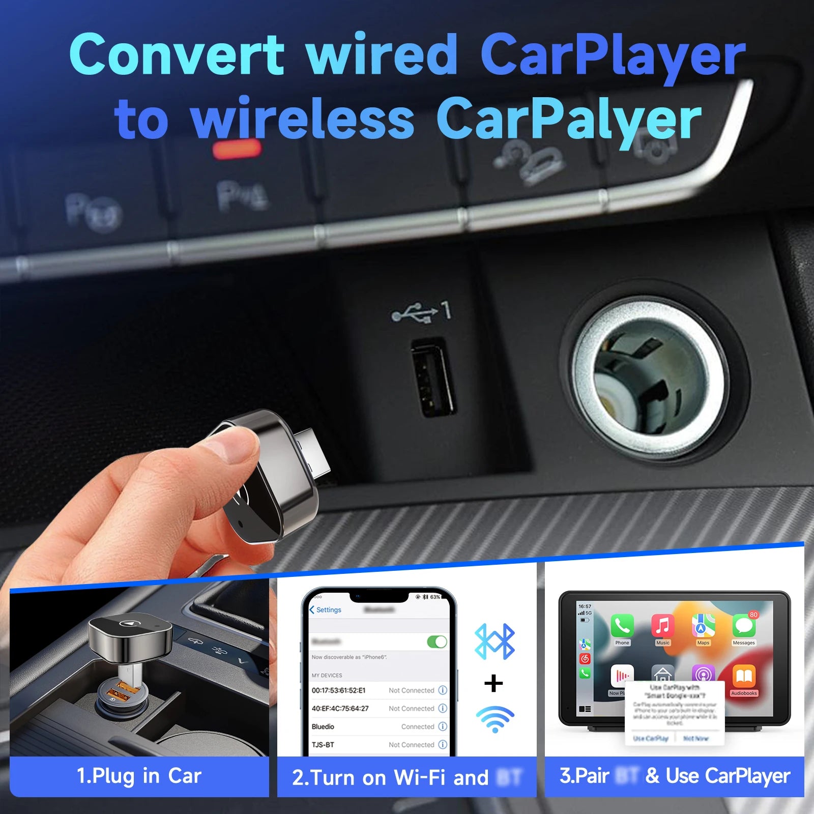 2 in 1 Wireless Carplay Adapter, Converts Wired to Wireless Carplay Adapter for Iphone and Android, Plug & Play Carplay